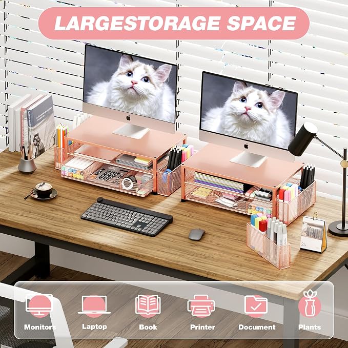 Desk Organizer and Accessories, 2-Tier Computer Monitor Stand Riser with Drawer and 2 Pen Holders, Laptop Stand, Office Desk Accessories for Office Supplies, 1 Pack, Rose - Image 4