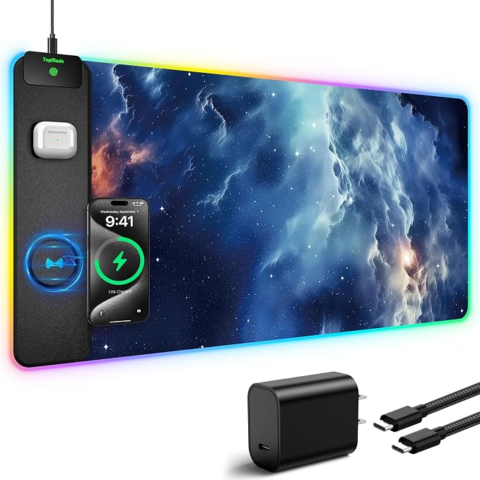 Wireless Charging Mouse Pad, RGB Gaming Mousepad Home Office Desk Pad, 31.5” x 15.8” XXL Large Desk Mat, Waterproof Keyboard Pad, Blue Nebula(Includes 20W PD Power Adapter & 6.56ft Woven Cable) - Image 2