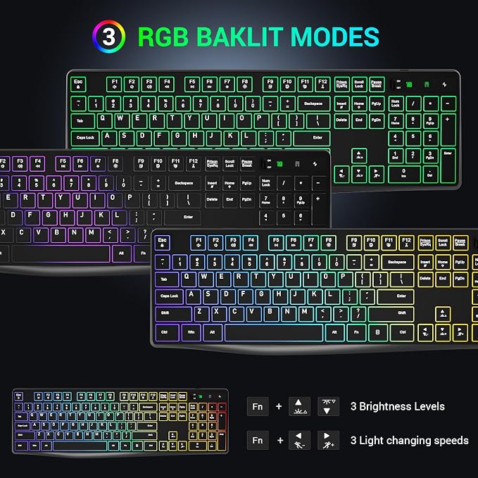 Wireless Keyboard and Mouse Combo, Lovaky 2.4G Full-Sized Ergonomic Keyboard Mouse, 3 DPI Adjustable Cordless USB Keyboard and Mouse, Quiet Click for Computer/Laptop/Windows/Mac (RGB Rainbow, 1 Pack) | Backlit, Low profile Keys, 3 DPI Adjustable, 2.4G ... - Image 2