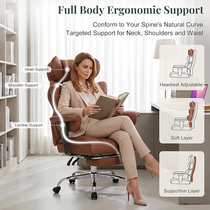 Big and Tall Office Chair 400 LBS, for Adults, Home Office | PU Leather, Executive Ergonomic Desk Chair with Footrest, Lumbar Support, Wide Seat ,Reclining, Adjustable Armrest, Brown - Image 4