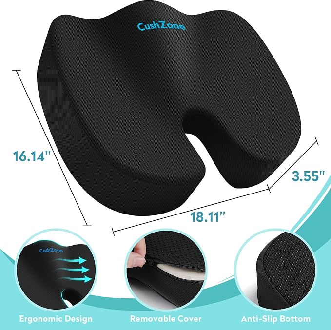 Gel Seat Cushion, Enhanced Memory Foam Cushion for Tailbone Pain, Black | Cooling Gel for Office Chair, U-shaped Design Chair Cushion for Gaming, Car, Wheelchair, Non-Slip Base, Washable Cover - Image 3