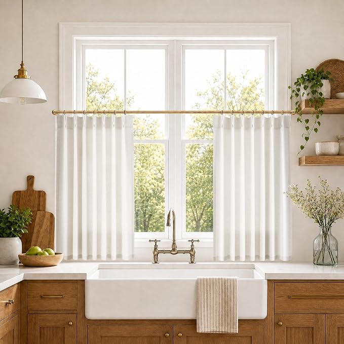 Hokibero Natural Pleated Linen Tier Curtains 48 Inch Long 2 Panels for Cafe | Ivory Light Filtering Sheer Curtain,Pinch Pleated Back Tab Hooks Rings,Boho Farmhouse Textured Privacy Drapes for Kitchen by Hokibero
