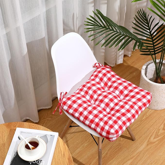 Geetery 4 Pack Chair Cushions with Ties for Kitchen, Red and White, Plaid - Image 6