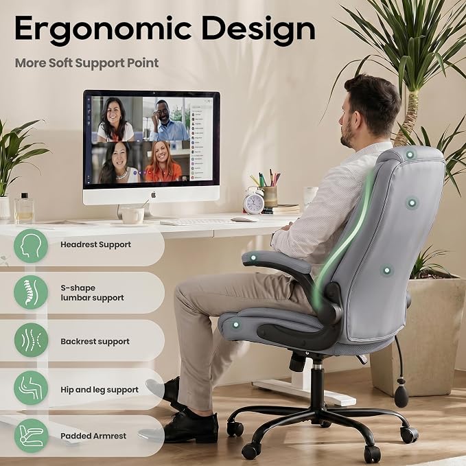 MALOL Leather Office Chair, Computer Desk Chair with Adjustable Lumbar Support, Thick Cushion, Flip-Up Arms and Ergonomic Back, Comfy Executive Office Chair for Home Office Gaming,Grey - Image 5
