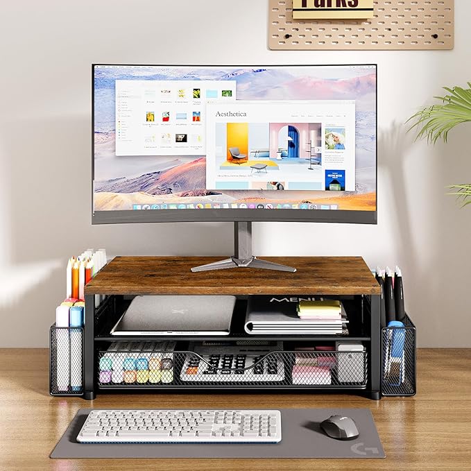 Desk Organizer and Accessories, 2-Tier Computer Monitor Stand Riser with Drawer and 2 Pen Holders, Laptop Stand, Office Desk Accessories for Office Supplies, 1 Pack, Brown - Image 2