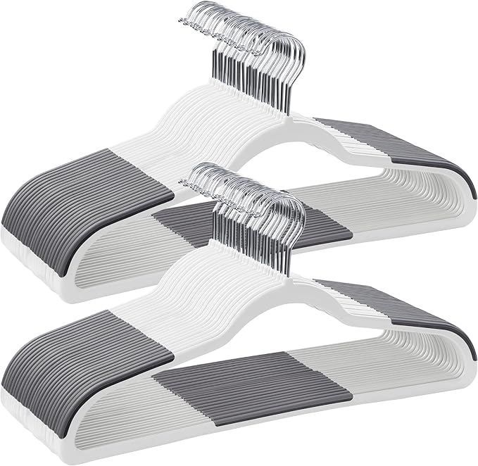 SONGMICS Plastic Clothes Hangers, Pack of 50, Space-Saving | 0.2 Inches Thick, 17.7 Inches Wide, 360° Swivel Hook, White and Dark Gray, BREANNA Collection UCRP050W50 by Unknown