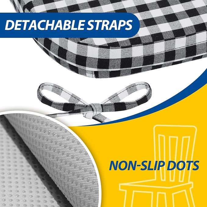 AAAAAcessories D-Shaped Chair Cushions, 2" Thick Dining Chair Pads with Ties and Removable, Machine-Washable Cover, 17" x 16", Set of 2, Checkered Black/White - Image 5