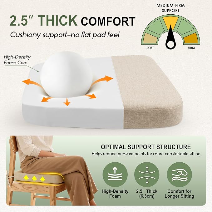kingphenix Chair Cushions for Dining Chairs, Set of 6, 2.5 Inches Thick | High-Density Foam Kitchen Chair Cushions with Ties, Non-Slip Bottom and Removable Machine-Washable Covers, 17 x 16 in, Beige - Image 2