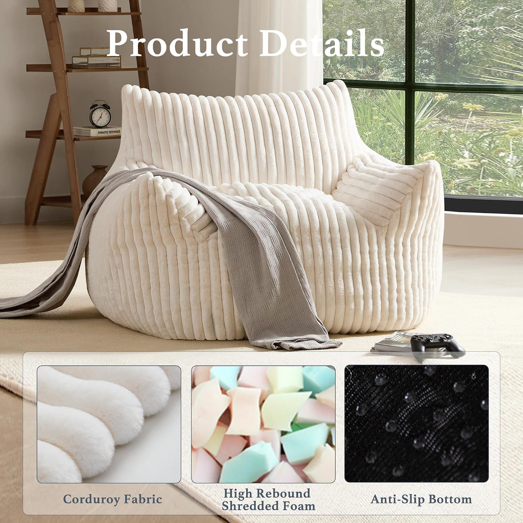 Giant Plush Bean Bag Chair for Adults with Armrests - Oversized Comfy Beige Beanbag Lounge Lazy Floor Sofa Accent Chair for Living Room, Bedroom & Dorm, Cozy Fluffy Single Cloud Mini Couch - Image 3