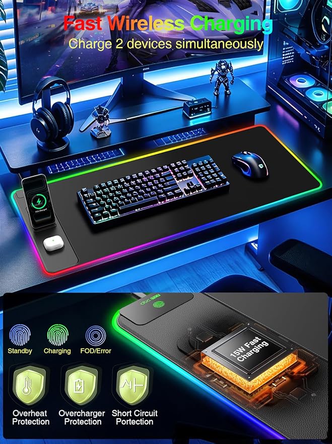 Wireless Charging Mouse Pad with Magnetic Phone Stand, 31.5"x15.8" Large | Gaming Mousepad RGB Desk Mat, Smooth Glide, Stitched Edge, Non-Slip Rubber Base, Waterproof Keyboard Mat, No Adatper - Image 5