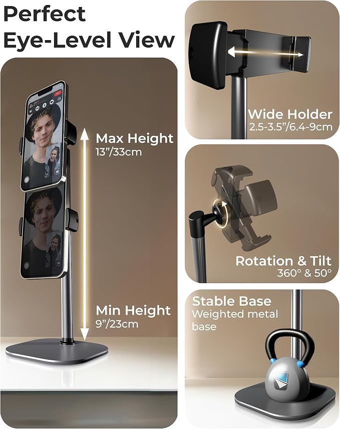 COOPER ChatStand Sturdy Cell Phone Holder, iPhone Stand for Desk, Recording | 9-13" Adjustable, Weighted Metal Base, Tabletop Tripod, for Filming, Video Calls, FaceTime; fits all iPhone, Samsung, Android - Image 3