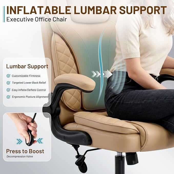 Ergonomic Office Chair, PU Leather High Back Executive Chair with Adjustable Inflatable Lumbar Support and Padded Flip-Up Arms, Recline Swivel Task Computer Chair for Home Office, Khaki - Image 5