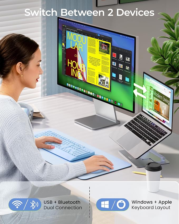 seenda Wireless Bluetooth Ergonomic Keyboard Mouse Combo, Full Size, Blue | USB/Bluetooth multi-device switching, with wrist rest, number pad, and quiet operation for PC, laptop, Mac, MacBook, and iPad - Image 2