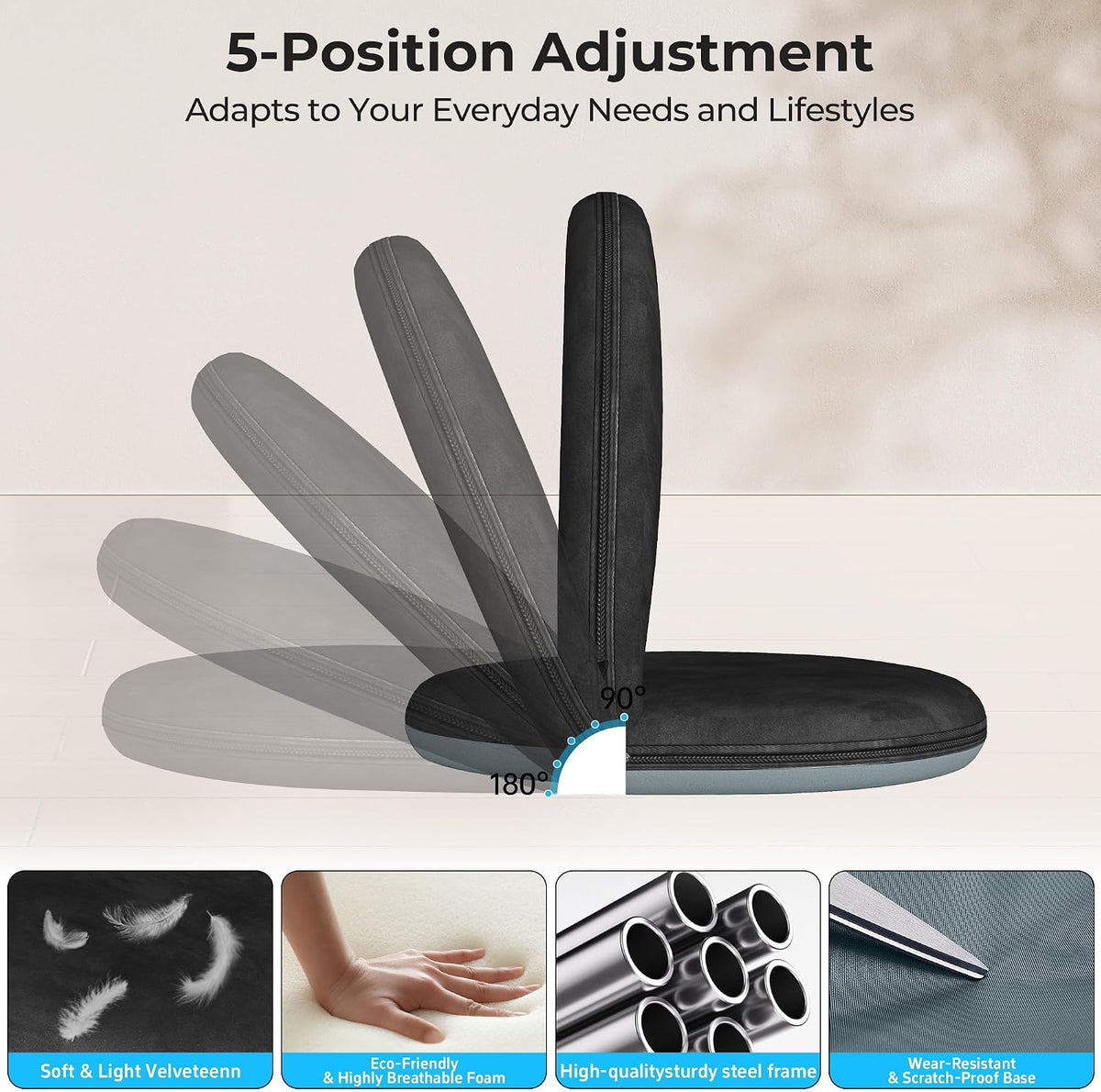 Floor Chair, 5-Position Foldable Floor Chair for Kids with Adjustable Back, Soft Sponge & Velvetean Cover, for Adults and Kids, Indoor Outdoor Use, Meditation, Gaming, Camping (Black) - Image 4