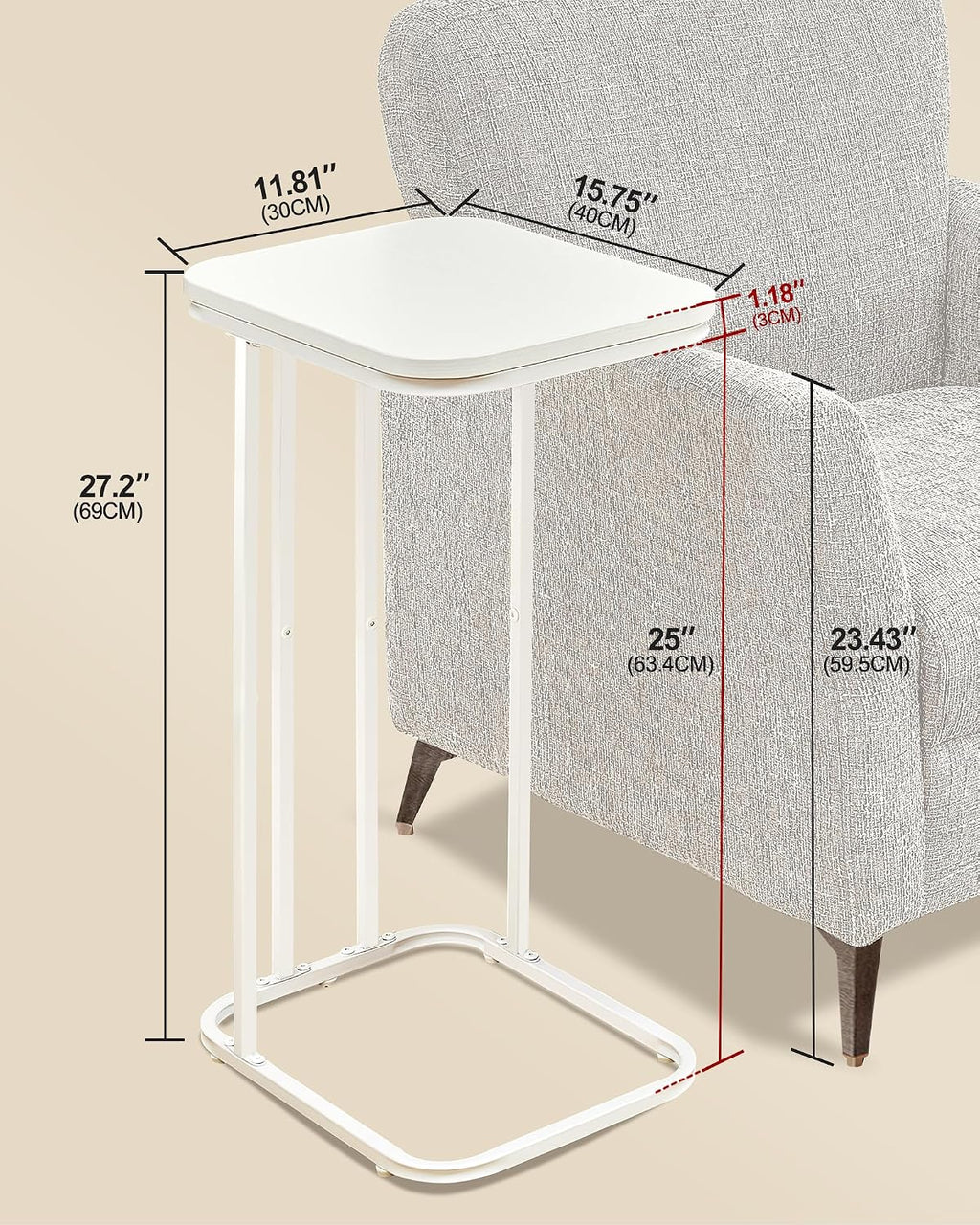 C Shaped End Table Set of 2, Small Side Table for Sofa and Bed, Couch Tables That Slide Under, Tall Tv Tray Table for Living Room, Bedroom, Snow White - Image 3