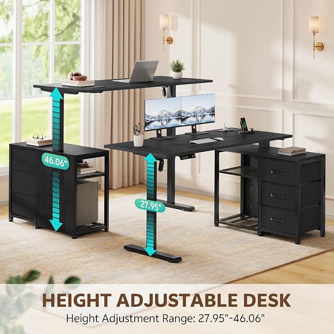 47 Inch L Shaped Desk with 3 Drawers Electric Standing Desks Black | with Storage Computer Table Adjustable Height with Power Outlets 4 Memory Presets for Home Office, Black - Image 3
