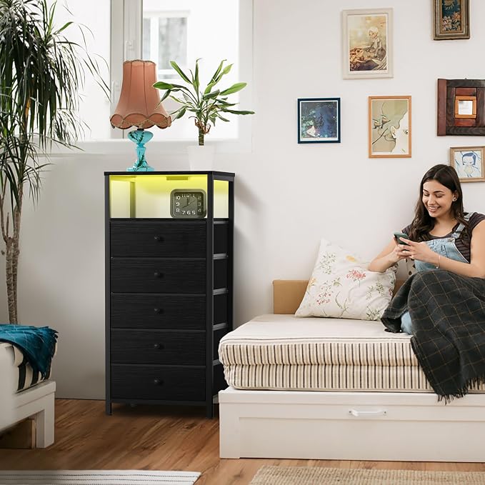 BOLUO Black Dresser with 5 Drawers Tall Nightstand with Charging Station and LED Light, Bedside Table Room Storage Drawers Closet - Image 2