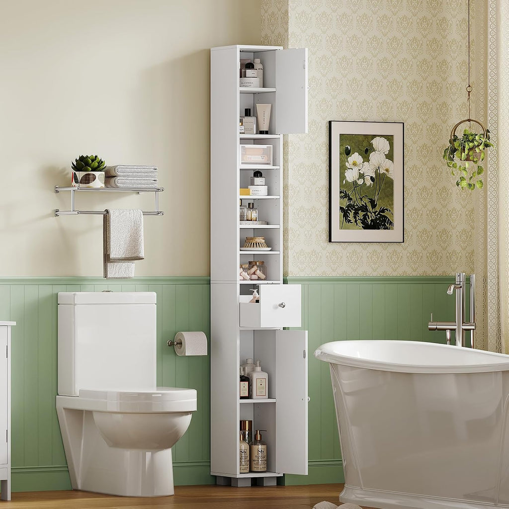 Bathroom Cabinet, Narrow Bathroom Storage Cabinet with 5 Adjustable Shelves & Drawer, Freestanding Cupboard for Small Spaces, White - Image 6