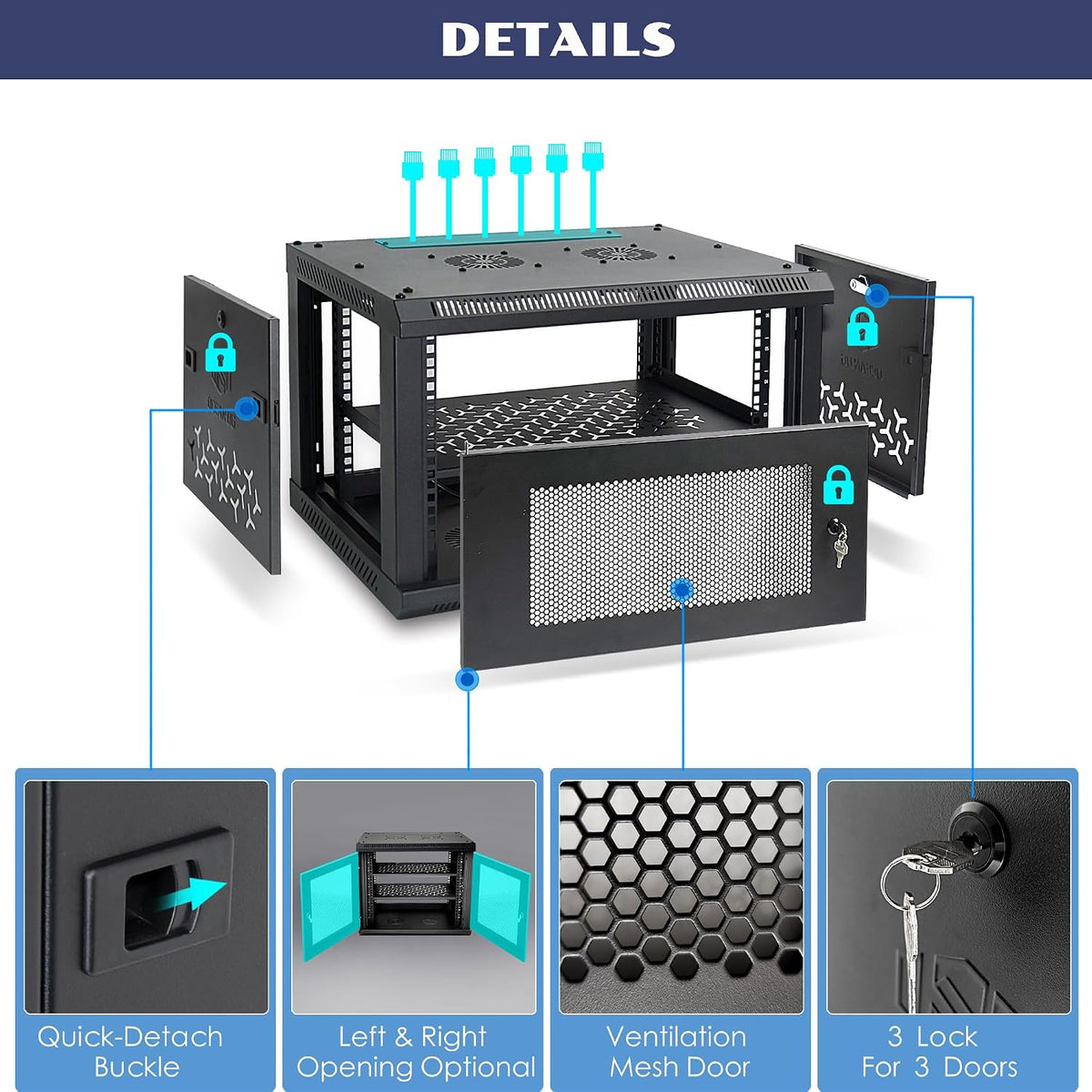 6U Wall Mount Server Cabinet with A Lockable Front Vented Door, Cooling Fans, Removable Side Panels - 60cm Depth, 19" Network Rack Including Full-Size Rack Shelf for IT Equipment - Image 4