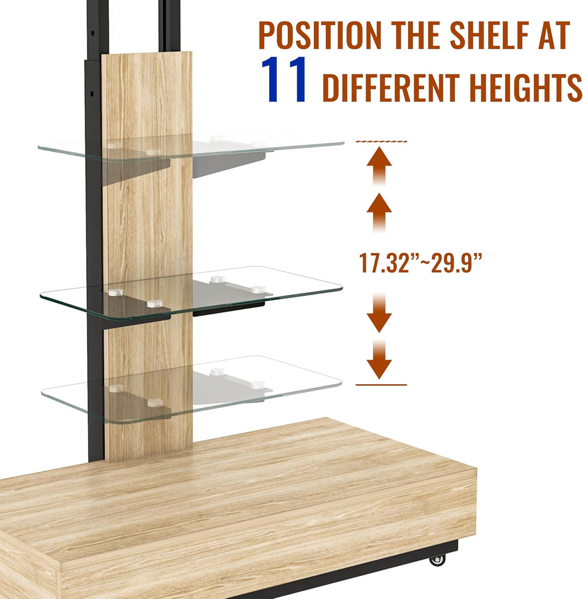 Swivel TV Stand for 32-75 inch TVs,Adjustable Height Mobile TV Cart, Wood & Glass TV Stand with Wheels & Storage for Living RoomBedroom,Offices - Image 7