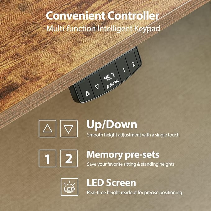 Agilestic 48 x 28 Inch Corner L Shaped Electric Standing Desk, Rustic Brown | Electric Height Adjustable, L-shape Workspace, Sturdy Steel Frame, Memory Preset, Hooks, 154 lbs, Easy Assembly, Splice Board - Image 8