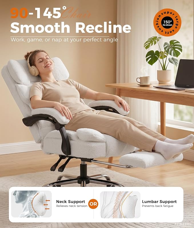 GTPLAYER Big and Tall Office Chair with Pocket Spring Cushion & Ergonomic Lumbar Support for Lower Back Pain Relief, High Back Computer Gaming Chair with Foot Rest, Comfy Teddy Fleece, White - Image 7