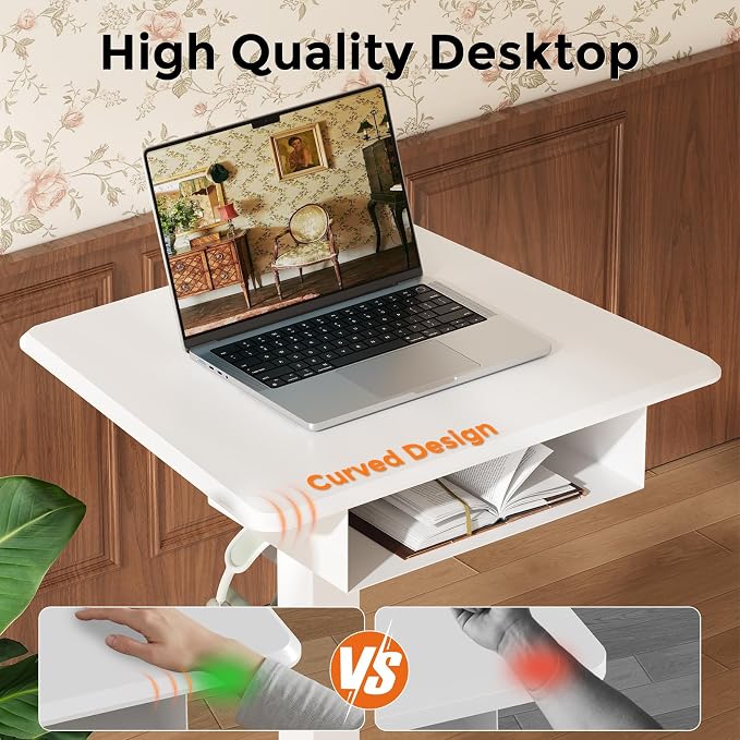 JOY worker Mobile Standing Desk with Drawer, 23.6" Small White Laptop Desk | Pneumatic Height Adjustable, Open Storage Shelf, 4 Lockable Wheels, Portable Sit Stand Desk, Home Office Teacher, Holds 22lbs - Image 6