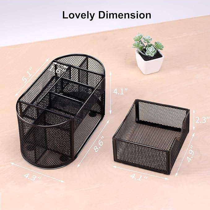 EOOUT Desk Organizer Black Mesh Pencil Holder 8 Compartments 1 Drawer | Black Desk Accessories, 8 Compartments, Pull-Out Drawer, for Pens Pencils Scissors Notes, School and Office Supplies - Image 2