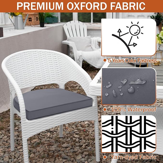 Outdoor Chair Cushions Set of 4, 17 x 16 Inch Waterproof Seat Pads | 3 Year Color Fastness Thick Patio Chair Cushion with Ties for Garden Lawn Sofa Couch, Dark Grey - Image 3