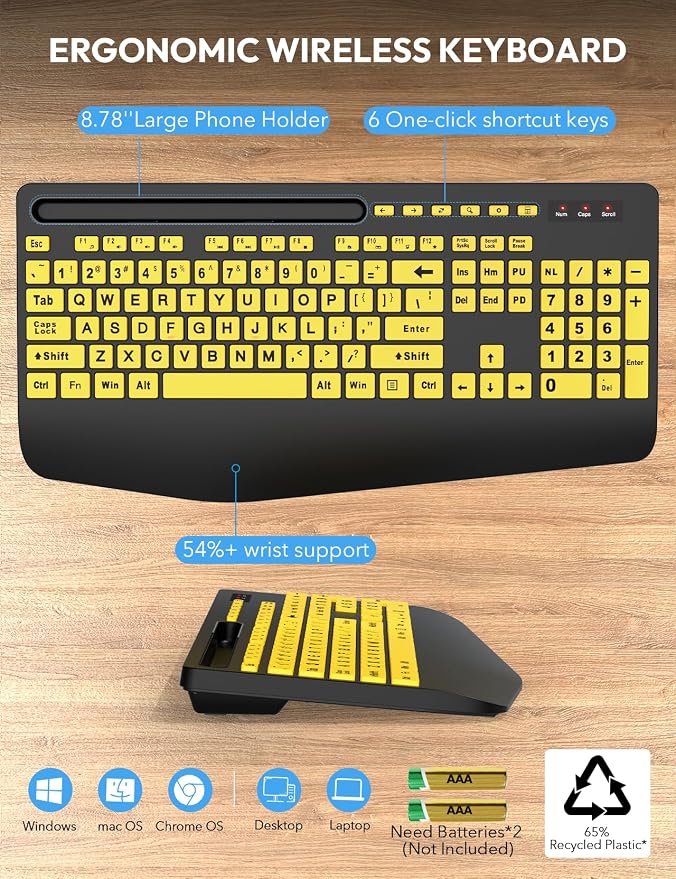 Wireless Keyboard and Mouse Combo with Large Print, Ergo Wrist Rest | 2.4G Lag-Free, Phone Holder, Silent Typing, Full Size High Contrast, KM23D Battery Powered Set for Low Vision and Elderly - Image 6