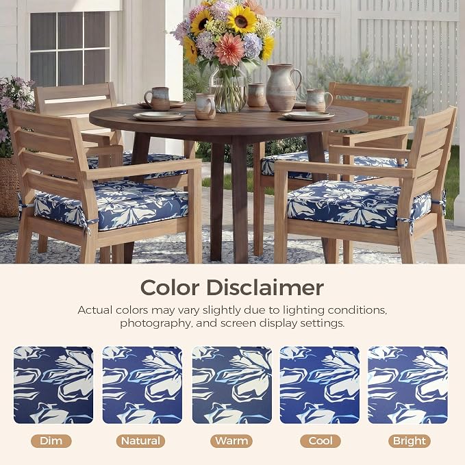 UNIKOME Outdoor Chair Cushions Set of 4, Water Resistant Patio Seat Cushions with Ties for Outdoor Furniture, High-Density Foam, UV & Fade Resistant, Piped Edge – 18.5" x 16" x 3", Blue-White Flower - Image 7
