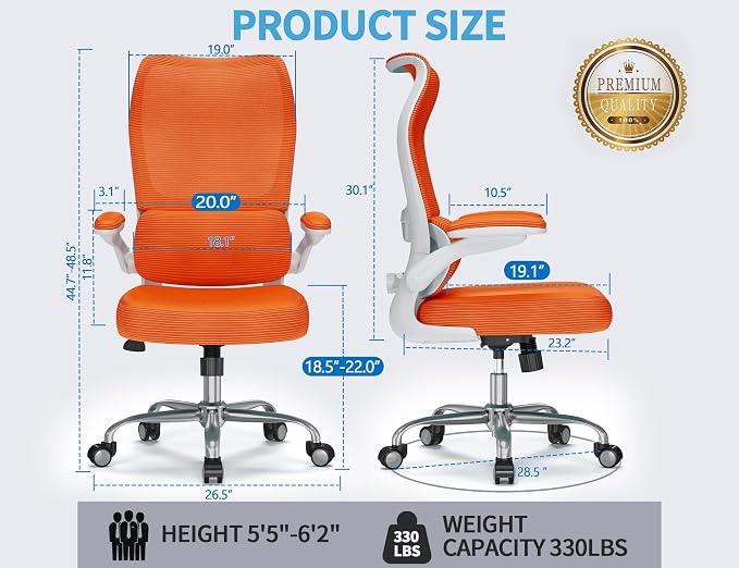 TRALT Office Chair Ergonomic Desk Chair - Gaming Chair with Lumbar Support | 330 LBS Home Office Desk Chairs , Reading Chair with Flip-up Armrests, Comfortable Computer Chairs (1, Orange) - Image 2