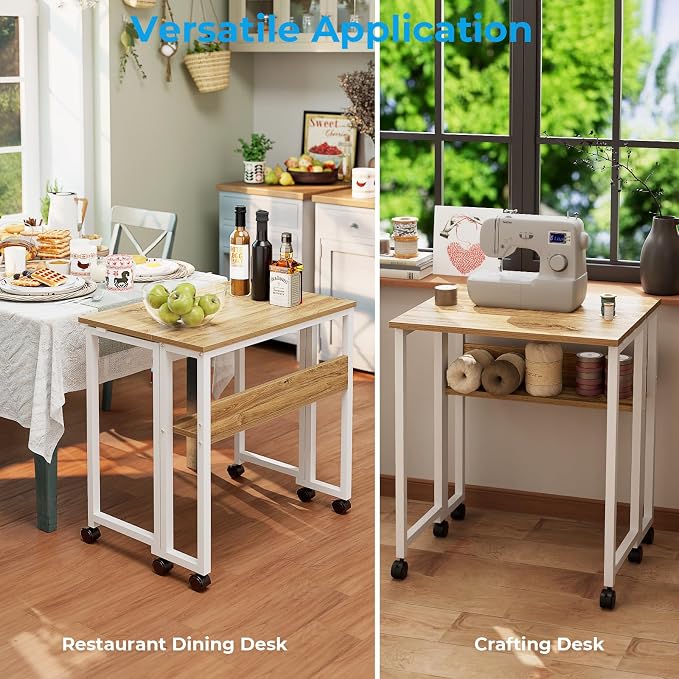 GreenForest Folding Desk with Wheels, 31.5" Rolling Table for Small Spaces | Storage Shelf, Lockable Casters, Compact Portable Workstation, Space-Saving Foldable Sofa Table, Home Office, Mobile, Oak - Image 7