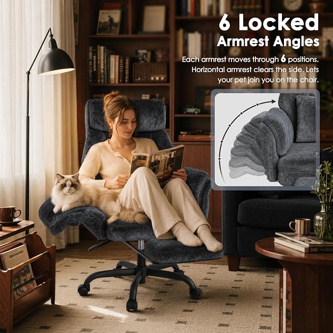 C57 Ergonomic Reclining Office Chair with Footrest, Velvet Desk Chair with 6-Stage Adjustable Wing Armrests for Cross Legged Sitting, Pet Friendly High Back Lounge Gaming Chair for Home Office - Image 6