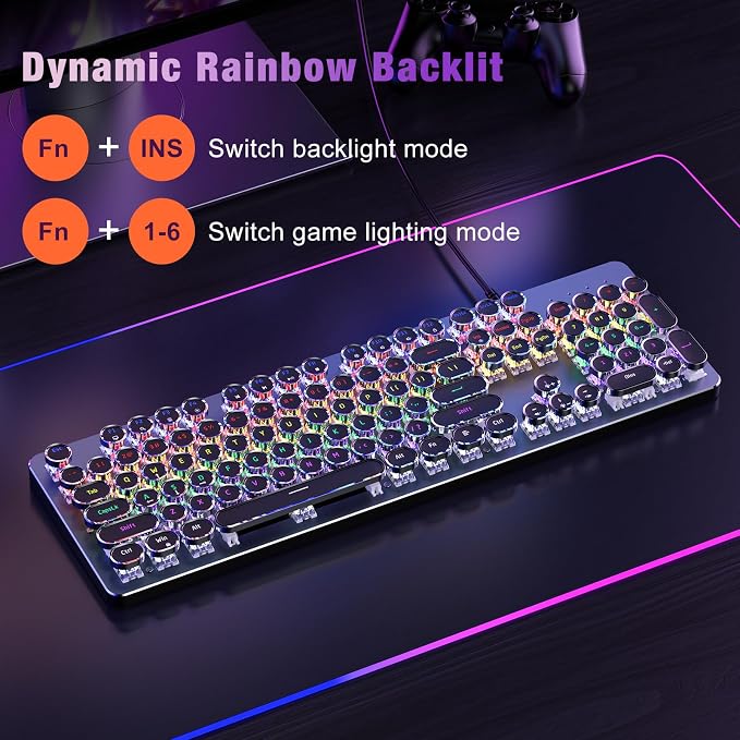 Typewriter Wired Mechanical Gaming Keyboard, Blue Switch LED Backlit | Metal Panel, Retro Punk Round Keycaps, 104 Keys Wired Keyboard for PC Laptop Mac Gamer, LED Rainbow Backlit,RisoPhy - Image 3