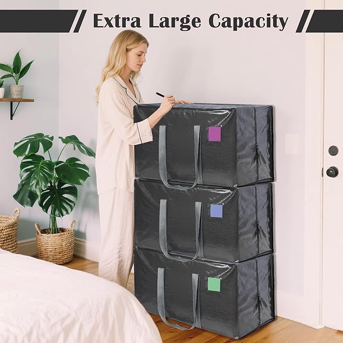 6 Pack Moving Bags with Full-Open Side Zipper, Extra Large 93L Heavy Duty Waterproof Foldable Storage Totes for College Dorm, Moving & Home Organization Gray - Image 5