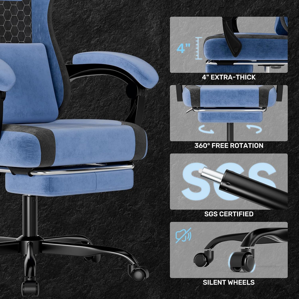 SUKIDA Fabric Video Gaming Chair, Ergonomic High-Back Computer Game Chairs with Large Massage Adjustable Lumbar Support, Headrest and Linked Armrests for Long Hours Sitting Task Chair, Black Blue - Image 5