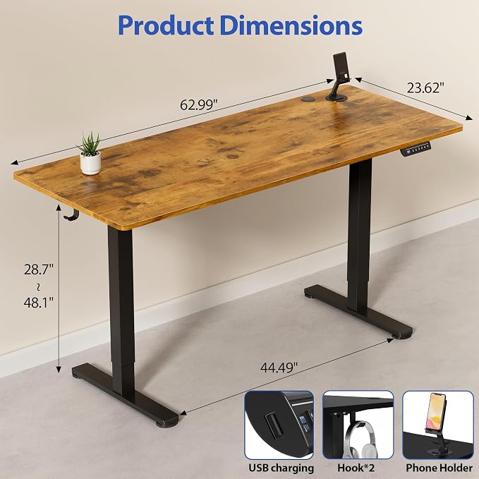 YESHOMY Height Adjustable Electric Standing Desk, 63 x 24 Inches Memory Home Office Sit Stand up Desk with Phone Holder and USB Charging Port, Rustic Brown - Image 3