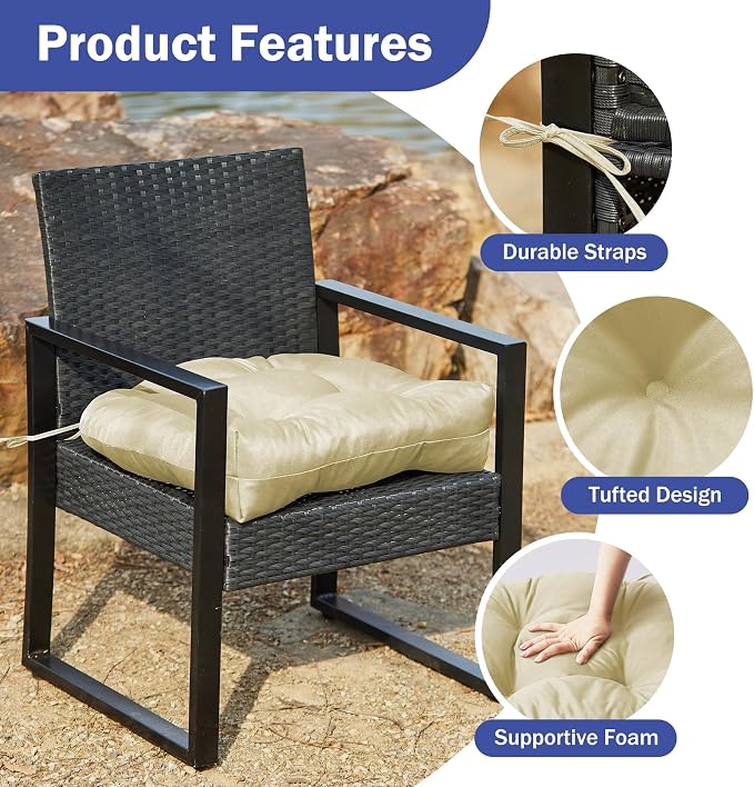 IPYNBAP Outdoor Chair Cushions Set of 2, Patio Chair Cushions with Ties, 17x17+4” Tufted Outdoor Seat Cushions, Waterproof Patio Furniture Cushions, Outdoor Dining Chair Pads, Beige (Pack of 2) - Image 5