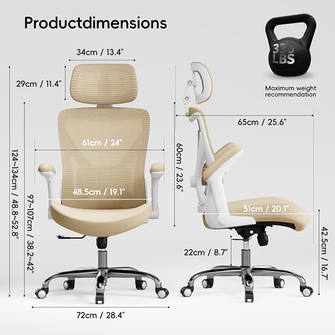 Ergonomic Office Chair:Home Office Desk Chairs with Headrest Lumbar Support | Ergalithic Ergonomic Desk Chair X-Shaped Mesh PU Leather Executive Computer Chair High Back Flip-Up Arms for Long Hour(Khaki) - Image 3