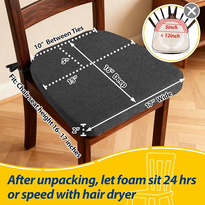 AAAAAcessories D-Shaped Chair Cushions, 2" Thick Dining Chair Pads with Ties and Removable, Machine-Washable Cover, 17" x 16", Set of 4, Dark Grey - Image 2