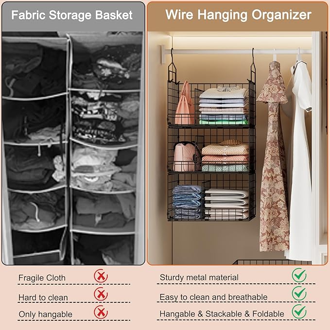 Sonyabecca 3-Tier Extra Large Closet Hanging Organizer with Dividers, Clothes Hanging Shelves with 2 Hanging Hooks & 5 S-Hooks, Wire Storage Baskets for Sweaters, Shoes, Handbags & Accessories - Image 6