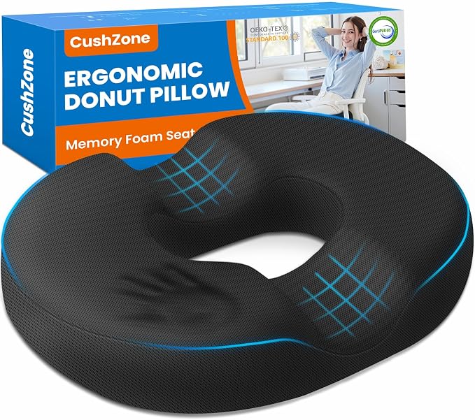 Donut Seat Cushion, Hemorrhoid Pillow, Office Chair Cushion, Black, Large | Ergonomic Design, Breathable Cover, for Tailbone Pain, Hemorrhoids & Long Sitting Hours, for Home & Office, by CushZone