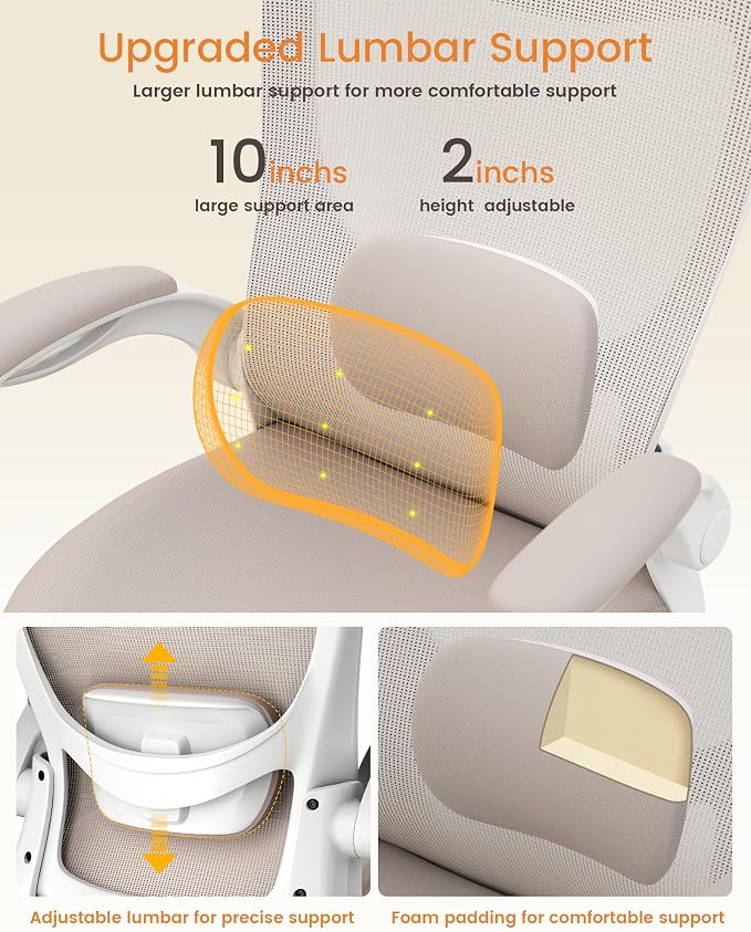 Office Chair, Ergonomic Desk Chair with Adjustable Lumbar Support and Flip up Armrest, Breathable Mesh Computer Chair for Home Office, Khaki - Image 4