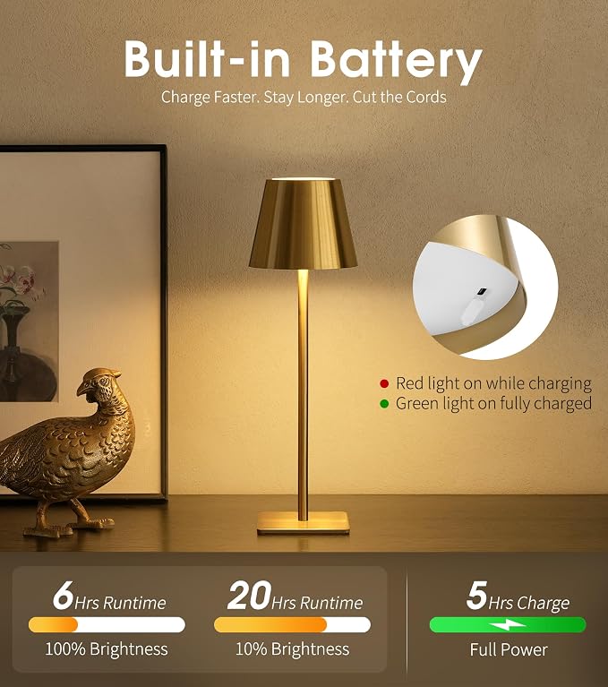 UME Cordless Table Lamp, Battery Operated Lamp - Portable Waterproof Rechargeable Table Lamp w/ 3 Color Temps & Stepless Dimming for Dinner, Desk, Cafe, Outdoor (Brushed Gold) - Image 5