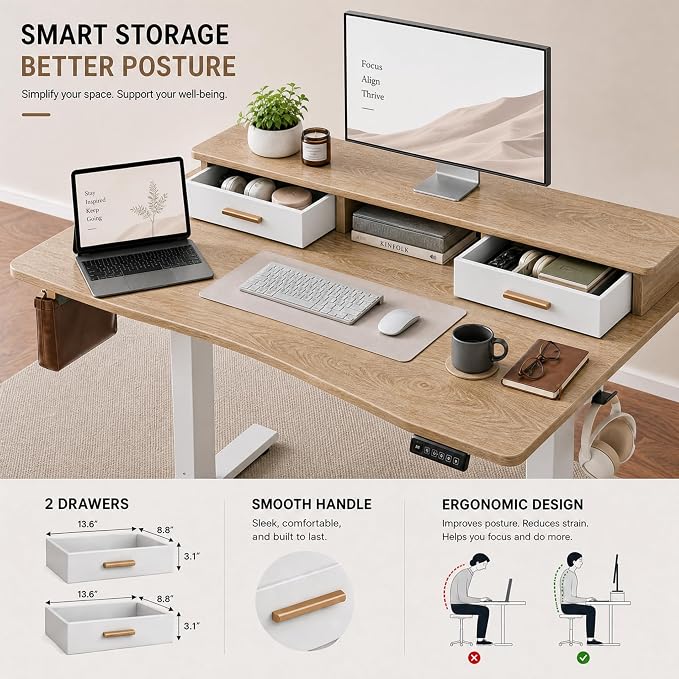 Grandder Electric Standing Desk with Two Drawers, CurvedSit to Stand Up Height Adjustable Desk with Storage Shelf for Home Office, 63 * 26 Inch, Study, Ergonomic Adjustable Computer Desk, Oak - Image 6