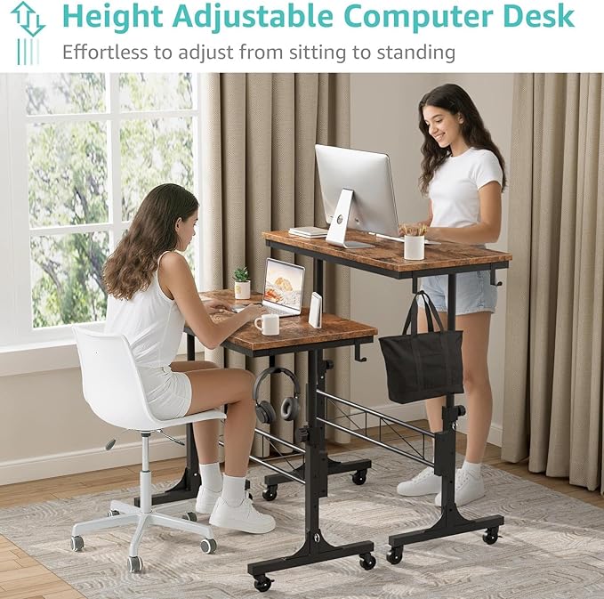 Small Portable Rolling Standing Desk - 32 Inch Adjustable Height Mobile Stand Up Desks with Wheels for Treadmill Walking Pad, Teacher Podium for Classroom, Couch Sofa Side Laptop Table, Rustic Brown - Image 5