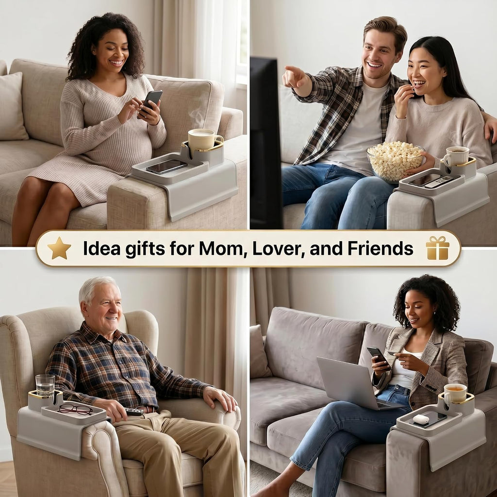 Silicone Recliner Cup Holder, Couch Cup Holder Tray & Armchair Caddy, Weighted Non-Slip Drink Holder for Chairs, Anti-Spill Armrest Beverage Holder for Mugs, Remote & Phone, Beige Grey - Image 6