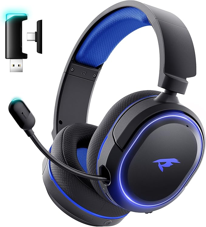 Wireless Gaming Headset, 7.1 Surround Sound, 2.4GHz USB Gaming Headphones with Bluetooth 5.4, 100H Battery, ENC Noise Canceling Mic, RGB Light, Wireless Headset for PC PS5 PS4 Mac Switch (Black-Blue) by Valorise