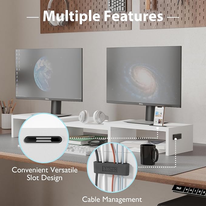 BONTEC Dual Monitor Stand Riser, Adjustable Length & Swivel Angle, White | Ergonomic Wooden Desktop Organizer with Smartphone Holder, Computer Monitor Stand for PC, Laptop, Printer and Large Storage - Image 6